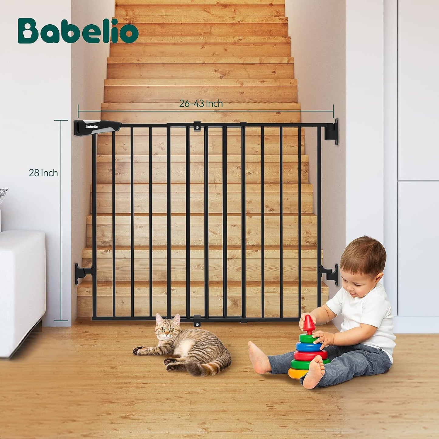 Babelio Baby Gate for Stairs, Kitchen & Doorways, 26-43" W 28" H No Bottom Bar| Easy Installation| One-Handed Operation| Auto-Close| Hardware Mount (Drill Needed) Safety Dog/Pet Gate Indoor (White)