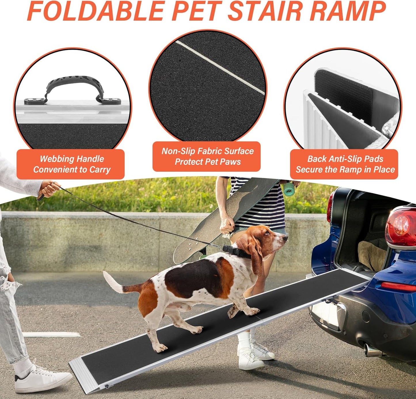 8FT Long Dog Ramp, Car Truck SUV Pet Ramp, Aluminum Portable 15 inches Wide 96 inch Long Folding Pet Vehicle Ramps Ramps for Small Medium Large Dogs and Cats, 400 Lbs Capacity