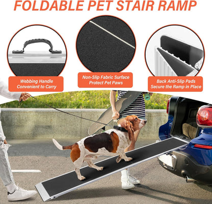8FT Long Dog Ramp, Car Truck SUV Pet Ramp, Aluminum Portable 15 inches Wide 96 inch Long Folding Pet Vehicle Ramps Ramps for Small Medium Large Dogs and Cats, 400 Lbs Capacity