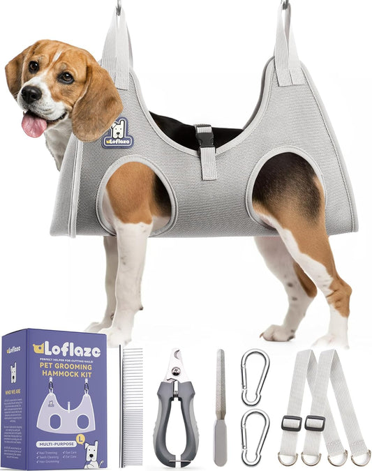 Loflaze Dog Grooming Hammock Harness for Dogs & Cats with Pet Nail Clipper Trimmer - Cat Hanger Sling for Trimming Clipping Nails- Dog Hammock Restraint Bag for Small Medium Large pet （ Grey S ）