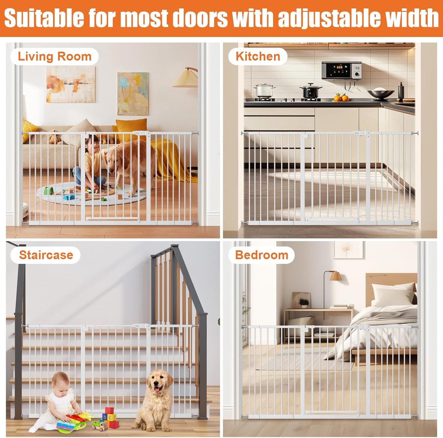 keny 29"-42.5" Baby Gate for Stairs, Auto Close Safety Dog Gate, Pressure Mounted Easy Walk Through Pet Gate for Doorways, Durable Stair Gate, 30" Tall, White