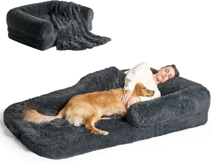 EHEYCIGA Foldable XXL Dog Bed for Large Sized Dog, 54"x38"x7.5" Faux Fur Fluffy Pet Couch Bed, Orthopedic Calming Memory Foam Big Pet Bed, Washable Pet Sofa Bed with Non-Slip Bottom, Dark Grey