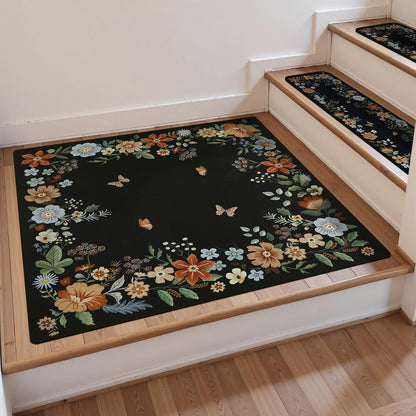 OJIA Floral Stair Treads Non-Slip Carpet Stair Treads for Wooden Steps Indoor 15PCS 30"x8" Stair Runner Stair Mats Staircase Step Treads for Kids, Elders and Dogs, Stair Covers, Black