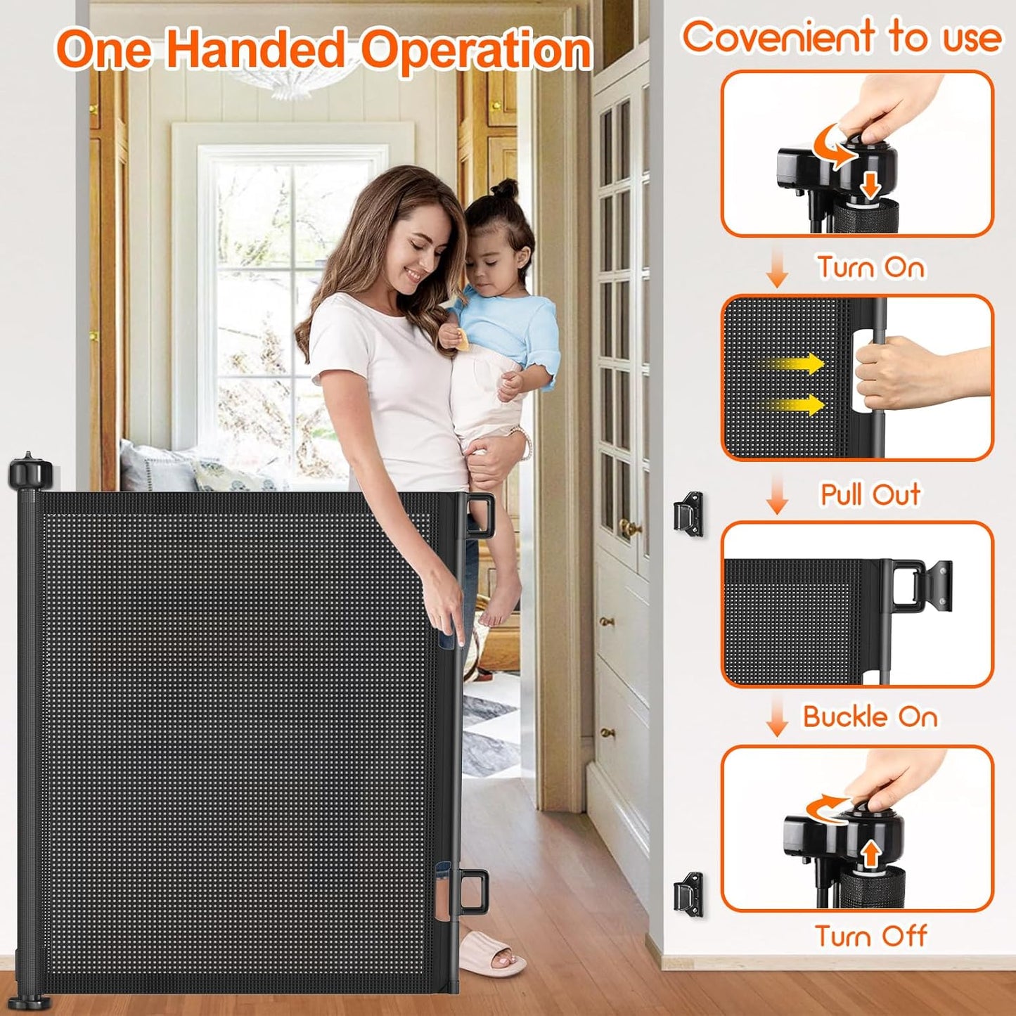 Upgrade 120 inch Retractable Baby Gates, EZIGO Extra Wide Baby Gate for Large Opening Extra Long Mesh Gate for Kids or Pet Dog Gate Child Safety Gate for Stairs Hallways Doorway Indoor Outdoor, Gray