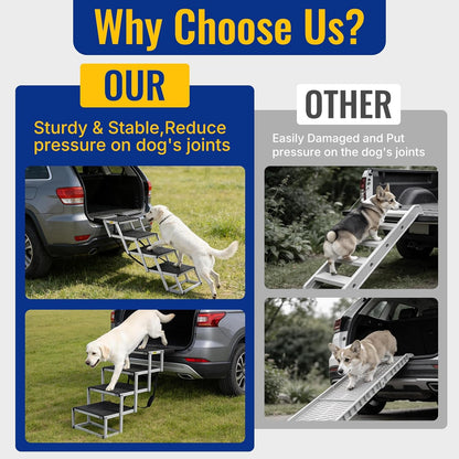 Foldable Dog Ramp for Car - Lightweight Aluminum Dog Stairs for Large Dogs, 5-Step Dogs Ladder for SUV/Truck/Indoor Bed and Sofas, Portable Pet Steps with 154 lbs Capacity
