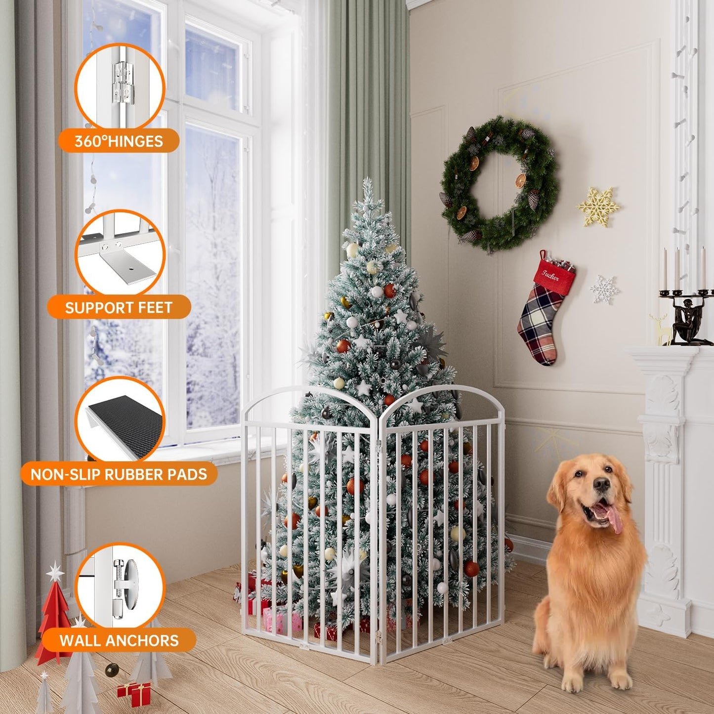 SNUOWU 4 Panels Full Matel Freestanding Dog Gates with Door, 96"Extra Wide 32"Tall Free Standing Dog Pet Gate for Indoor & Outdoor. Foldable Pet Fences for Doorways, House, Stairs, Porch, Deck, Yard