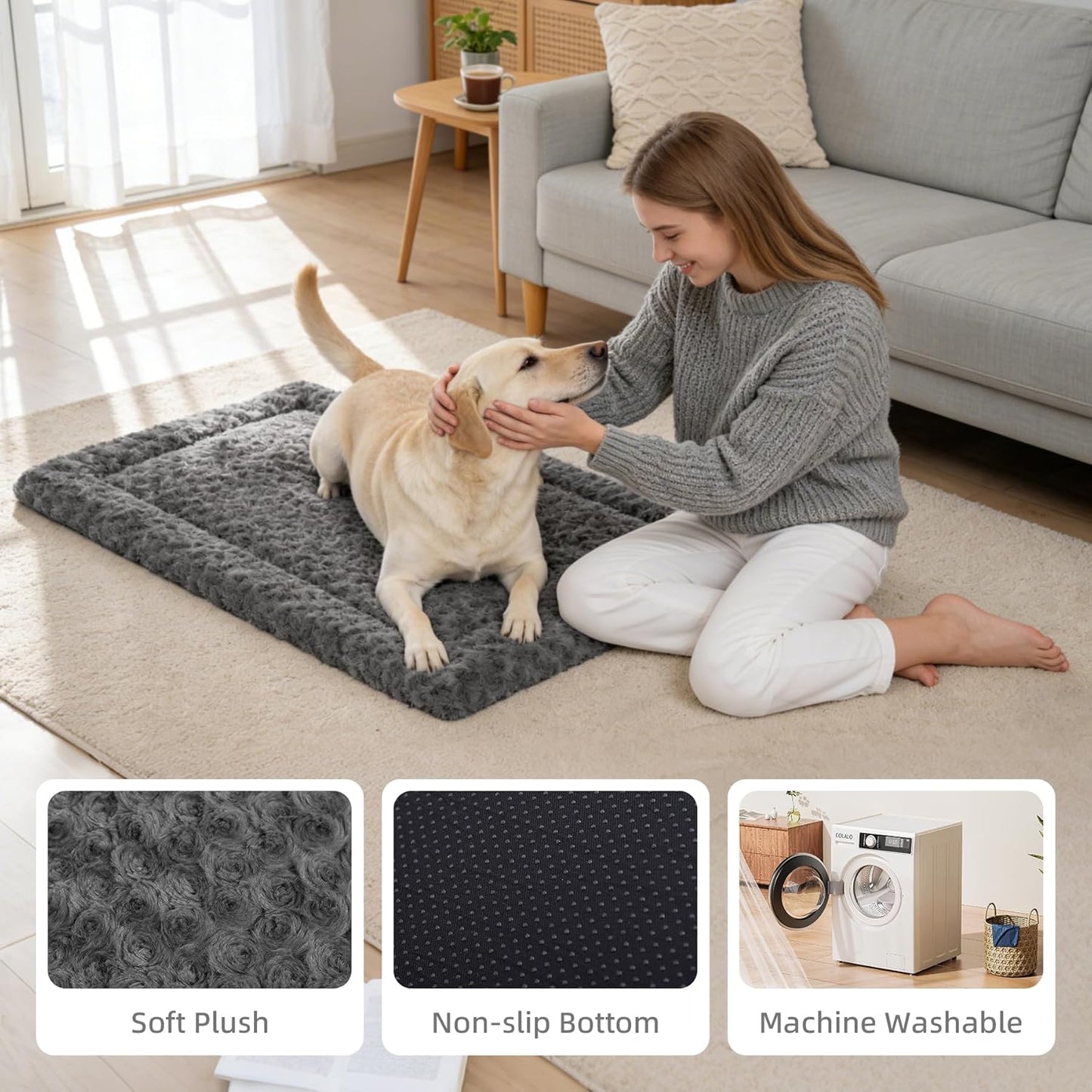Washable Dog Bed Mat Ultra Soft Dog Crate Pad Comfy Fluffy Pet Kennel Beds Sleeping Mattress for Large Jumbo Medium Small Dogs, 36 x 23 Inch, Gray