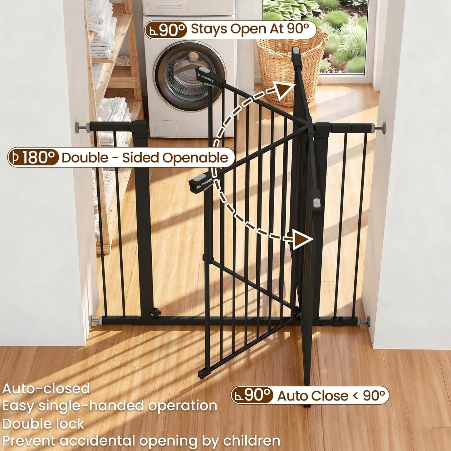 Mumeasy 29.7-46" Baby Gate for Stairs, Pressure Mounted Dog Gate for Doorways, Auto Close Walk Through Pet Gate Indoor, Extra Wide Metal Child Safety Gate, Mom's Choice Awards Winner, Black