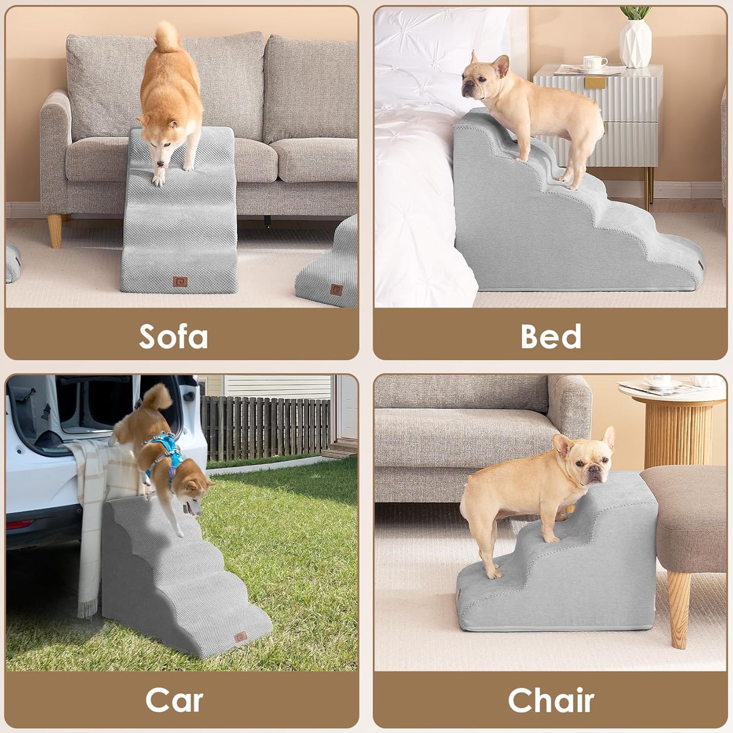 EHEYCIGA Curved Dog Stairs Ramp for High Beds 19.7" H, 4-Step Dog Steps for Small Dogs and Cats, Pet Stairs for High Bed Climbing, Non-Slip Balanced Pet Step Indoor, Grey