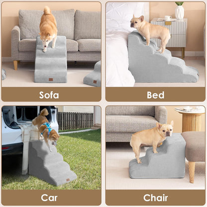 EHEYCIGA Curved Dog Stairs Ramp for High Beds 19.7" H, 4-Step Dog Steps for Small Dogs and Cats, Pet Stairs for High Bed Climbing, Non-Slip Balanced Pet Step Indoor, Grey