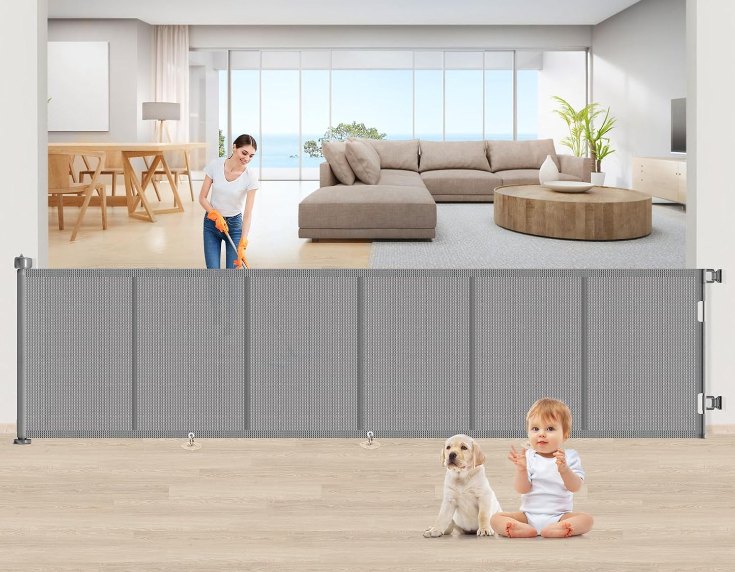 Upgrade 120 inch Retractable Baby Gates, EZIGO Extra Wide Baby Gate for Large Opening Extra Long Mesh Gate for Kids or Pet Dog Gate Child Safety Gate for Stairs Hallways Doorway Indoor Outdoor, Gray