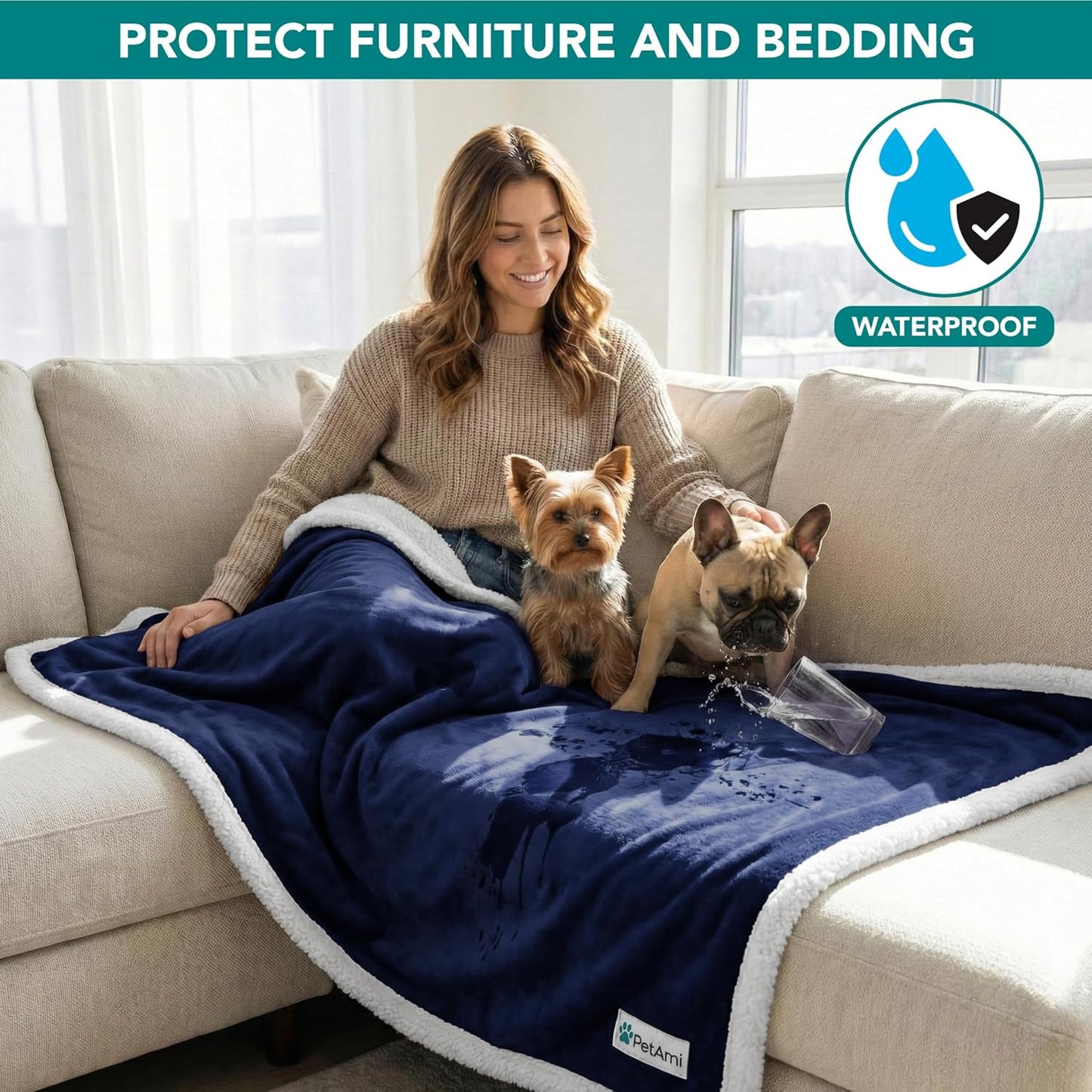 PetAmi Waterproof Dog Blanket for Couch, Large 60x40, Pee Proof Sherpa Fleece Reversible Pet Throw, Furniture Protector for Bed Sofa Kennel, Soft Washable Cover for Medium Dogs Cats, Grey Sherpa