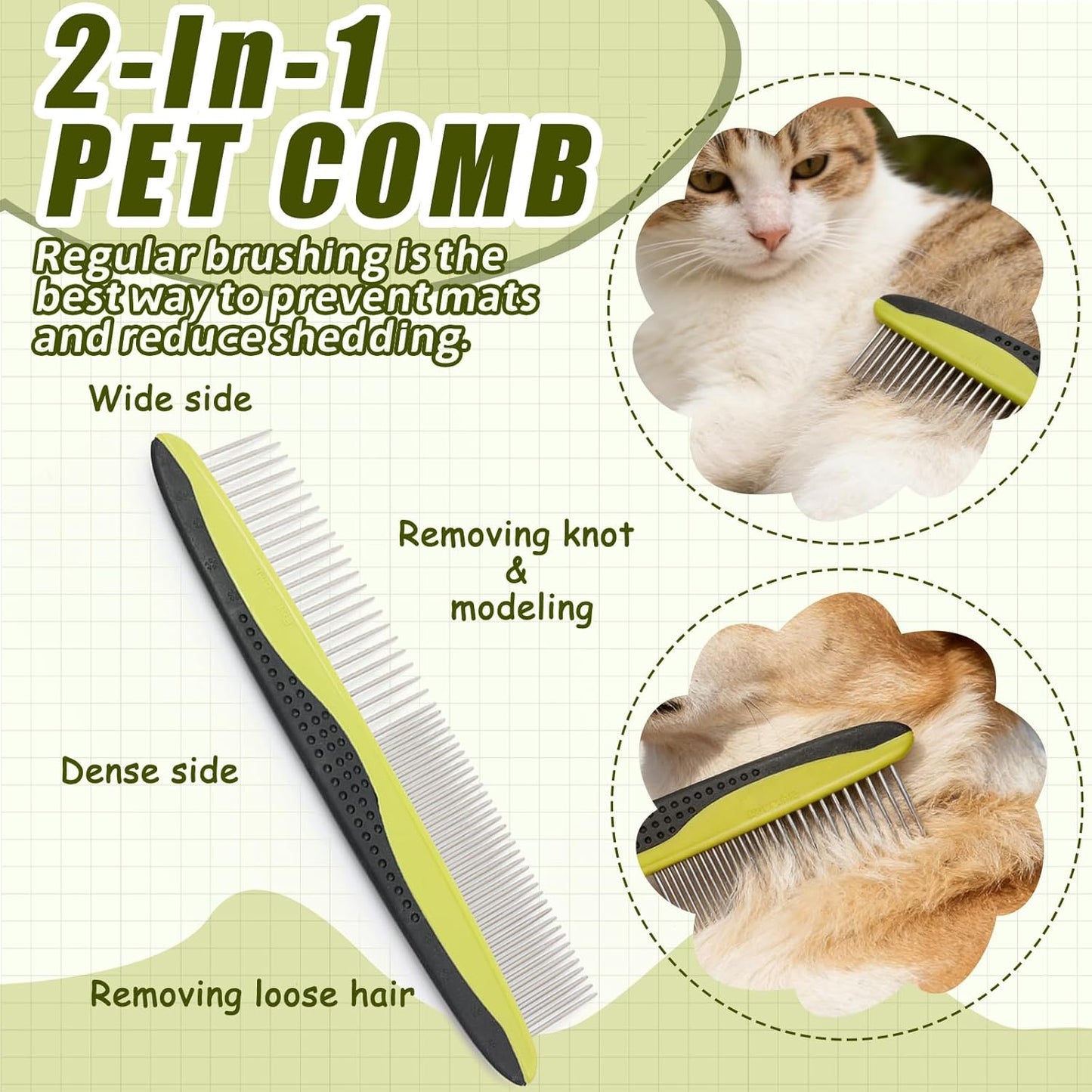 2-in-1 Pet Grooming Brush & Undercoat Rake, Double Sided Dematting Comb for Dogs Cats, Shedding & Slicker Grooming Tool (Green)