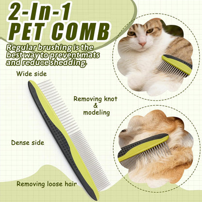2-in-1 Pet Grooming Brush & Undercoat Rake, Double Sided Dematting Comb for Dogs Cats, Shedding & Slicker Grooming Tool (Green)
