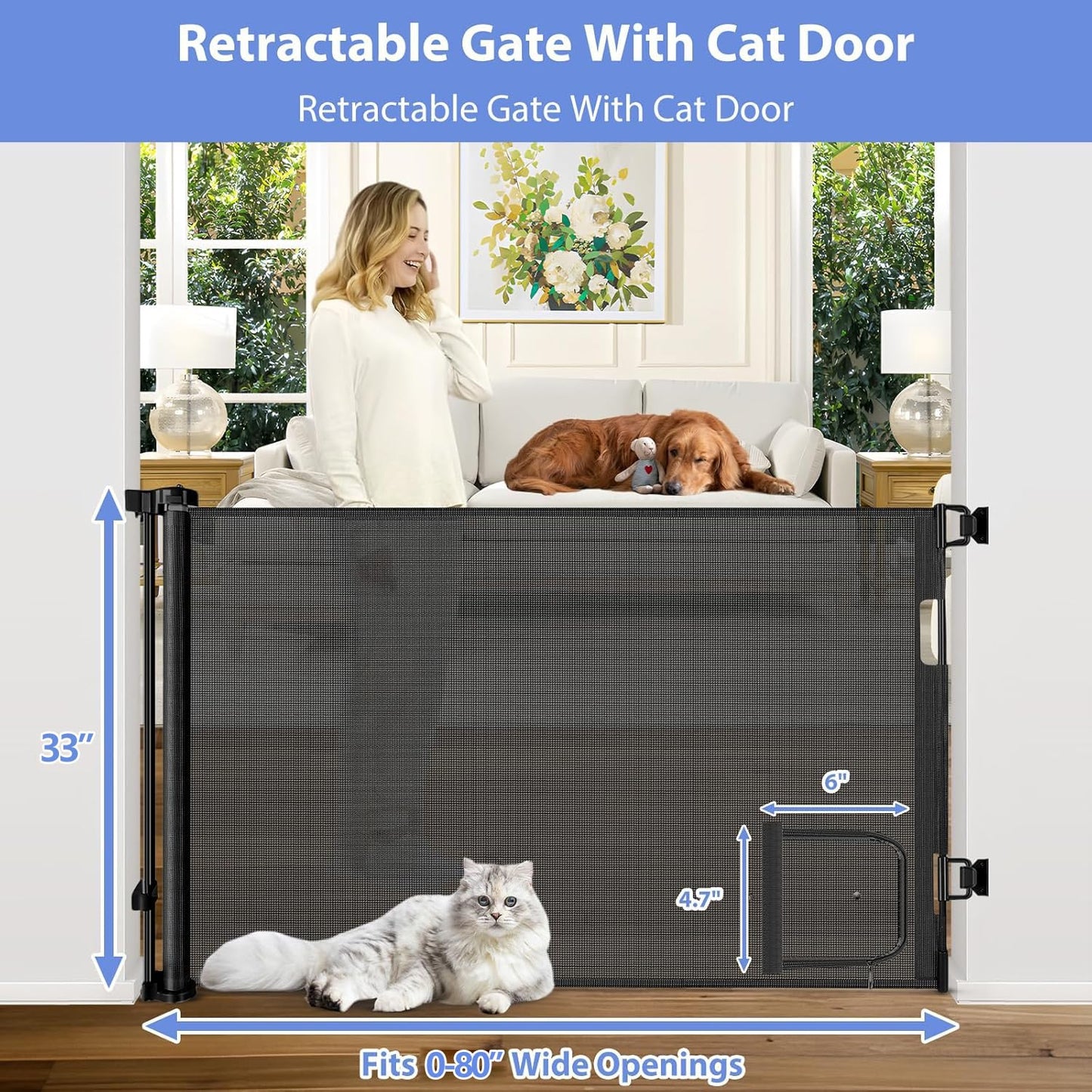 Retractable Baby Gates with Door 55" Wide Retractable Dog Gate with Pet Door Outdoor Retractable Gate for Dogs Mesh Baby Gate Retractable Pet Gate with Cat Door Retractable Child Gates for Doorways