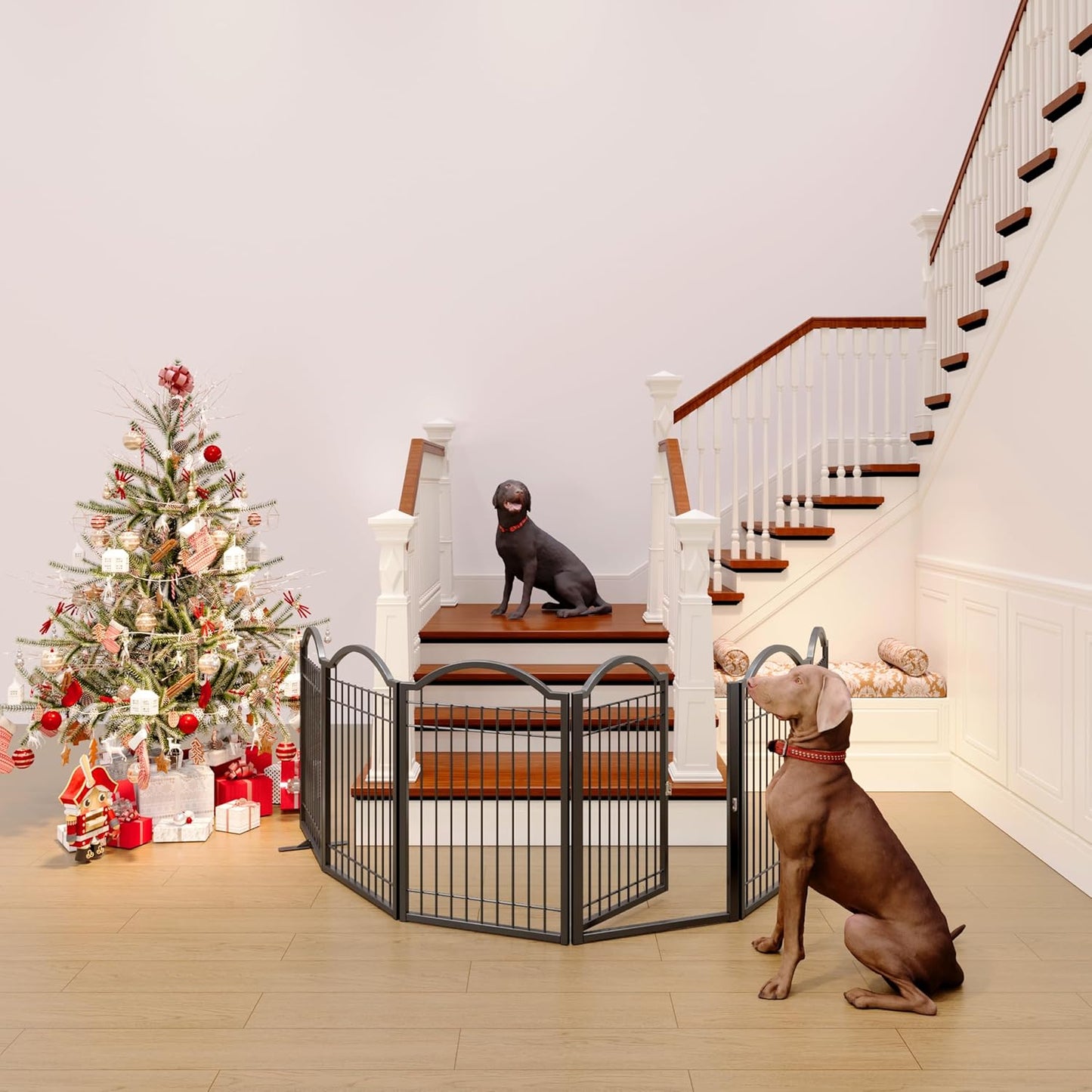 BHG Metal No-Assembly Freestanding Dog Gate with Door Walk Through, Extra Wide 144", Extra Tall 32" Pet Gate, Accordion Puppy Folding Playpen Dog Fence, with 2PCS Support (Black, 6 panesl)
