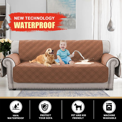 PrinceDeco 100% Waterproof Couch Cover for 3 Cushion Couch Sofa Pet Friendly Non-Slip Couch Cover for Dogs Washable Water Resistant Furniture Protector with Elastic Straps(Sofa 68", French Oak)