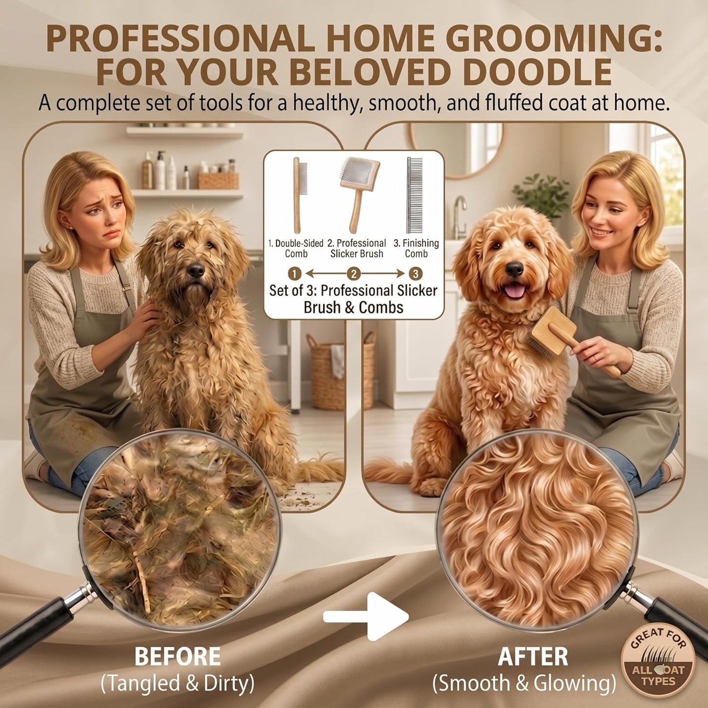 Slicker Brush for Dogs, Large Dog Grooming Brush for Doodles Goldendoodles Poodles Labradoodle Bernedoodles, Long Combs to Wavy & Curly Hair - Wooden Handle 3 Pcs - Nature