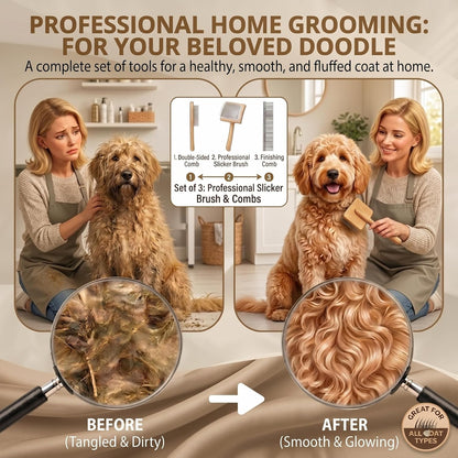 Slicker Brush for Dogs, Large Dog Grooming Brush for Doodles Goldendoodles Poodles Labradoodle Bernedoodles, Long Combs to Wavy & Curly Hair - Wooden Handle 3 Pcs - Nature