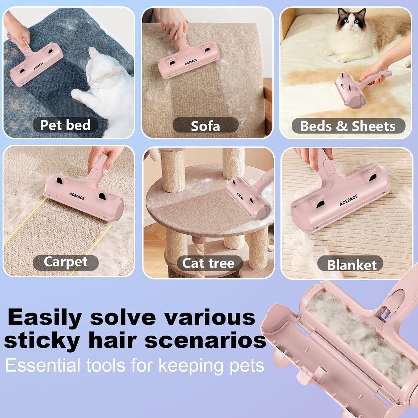 ACE2ACE Pet Hair Removal Tool, Reusable Lint Roller for Pet Hair, Self Clean Cat Hair Remover with Dust Bin, Dog Hair Remover for Couch, Furniture, Carpet, Sofa and Bedding