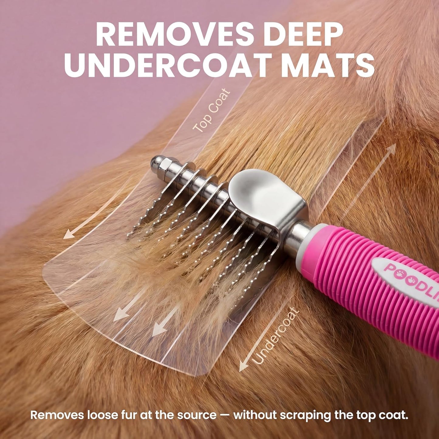 Poodle Dematting Fur Rake Comb Brush for Dogs and Cats - Long 2.5" Steel Safety Blades Metal Comb for Detangling Matted or Knotted Undercoat Hair (Orange)