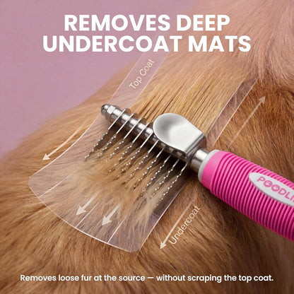 Poodle Dematting Fur Rake Comb Brush for Dogs and Cats - Long 2.5" Steel Safety Blades Metal Comb for Detangling Matted or Knotted Undercoat Hair (Orange)