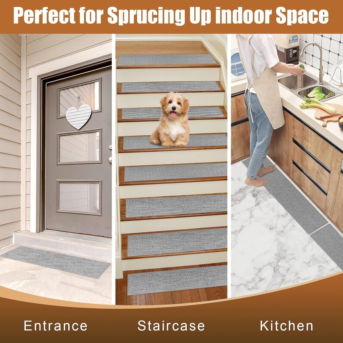 FlowaFoli Stair Treads for Wooden Steps Indoor,8" X 30" (15 in Pack) Stair Treads Non Slip, Machine Washable for Kids Elders and Pets,Beige