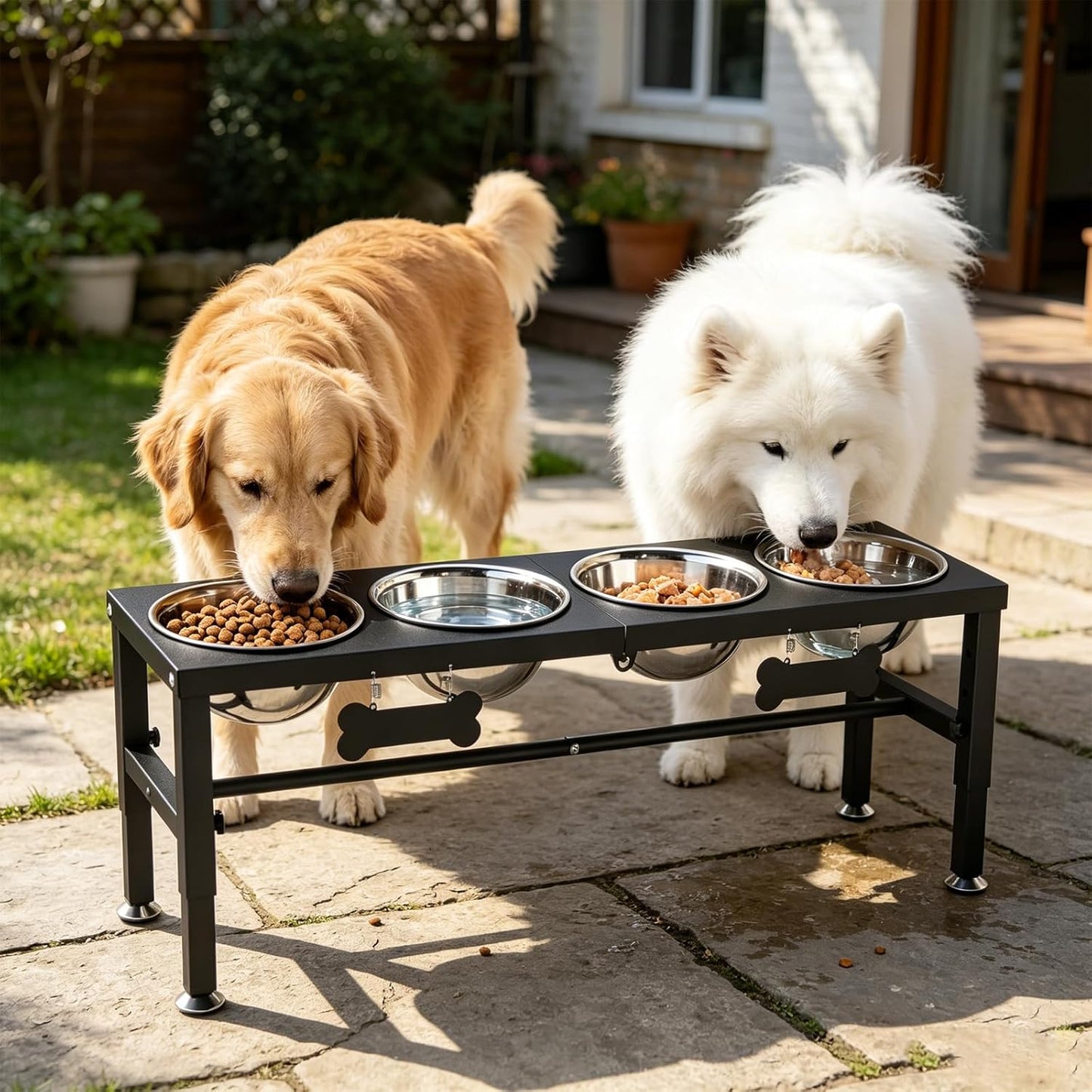 ADENGL Metal Raised Dog Bowl, 10" Tall Elevate Dog Feeder Stand with 2 Stainless Steel 42oz Bowls & 16x24 Non-Slip Mat – Stronger Dogs Food & Water Bowl Stand (Black)