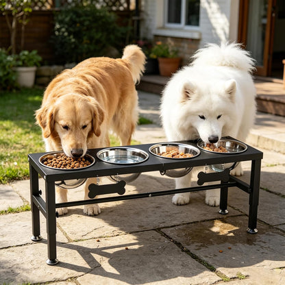 ADENGL Metal Raised Dog Bowl, 10" Tall Elevate Dog Feeder Stand with 2 Stainless Steel 42oz Bowls & 16x24 Non-Slip Mat – Stronger Dogs Food & Water Bowl Stand (Black)