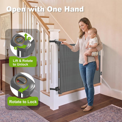 Reinforced Retractable Baby Gate for Stairs & Banister, 55" Wide Mesh Dog Gate, One-Handed Dual Lock Safety Gate for Kids & Pets, Fits Round & Square Posts (Black)
