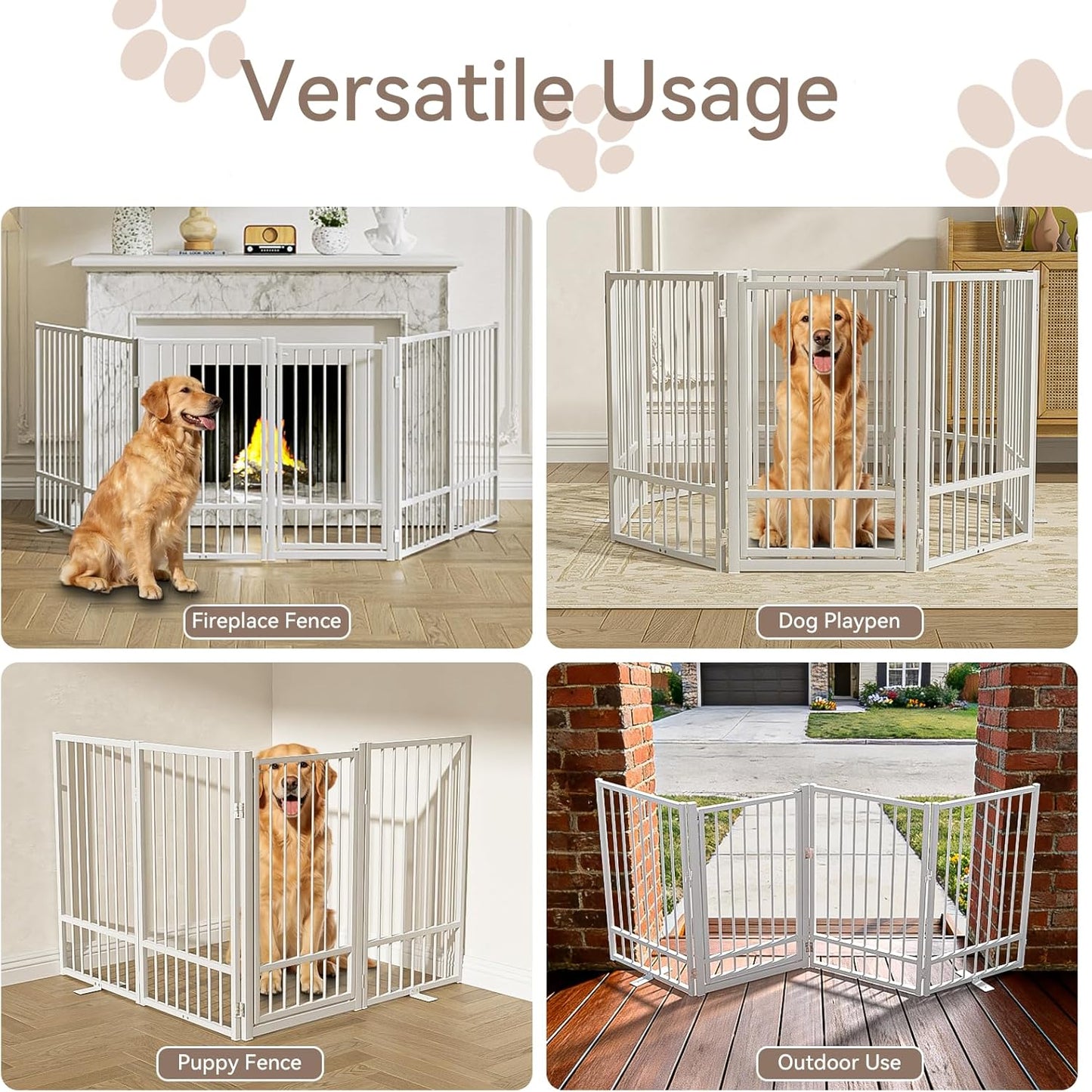 SNUOWU Full Metal Freestanding Dog Gate with Door, 32''Height Foldable Pet Dog Fence for Indoor & Outdoor, 4 Panels Extra Wide Free Standing TallDog Gates for Doorways,House,Stairs,Porch,Deck,Yard
