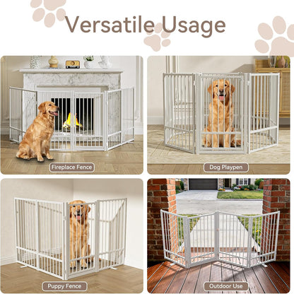 SNUOWU Full Metal Freestanding Dog Gate with Door, 32''Height Foldable Pet Dog Fence for Indoor & Outdoor, 4 Panels Extra Wide Free Standing TallDog Gates for Doorways,House,Stairs,Porch,Deck,Yard