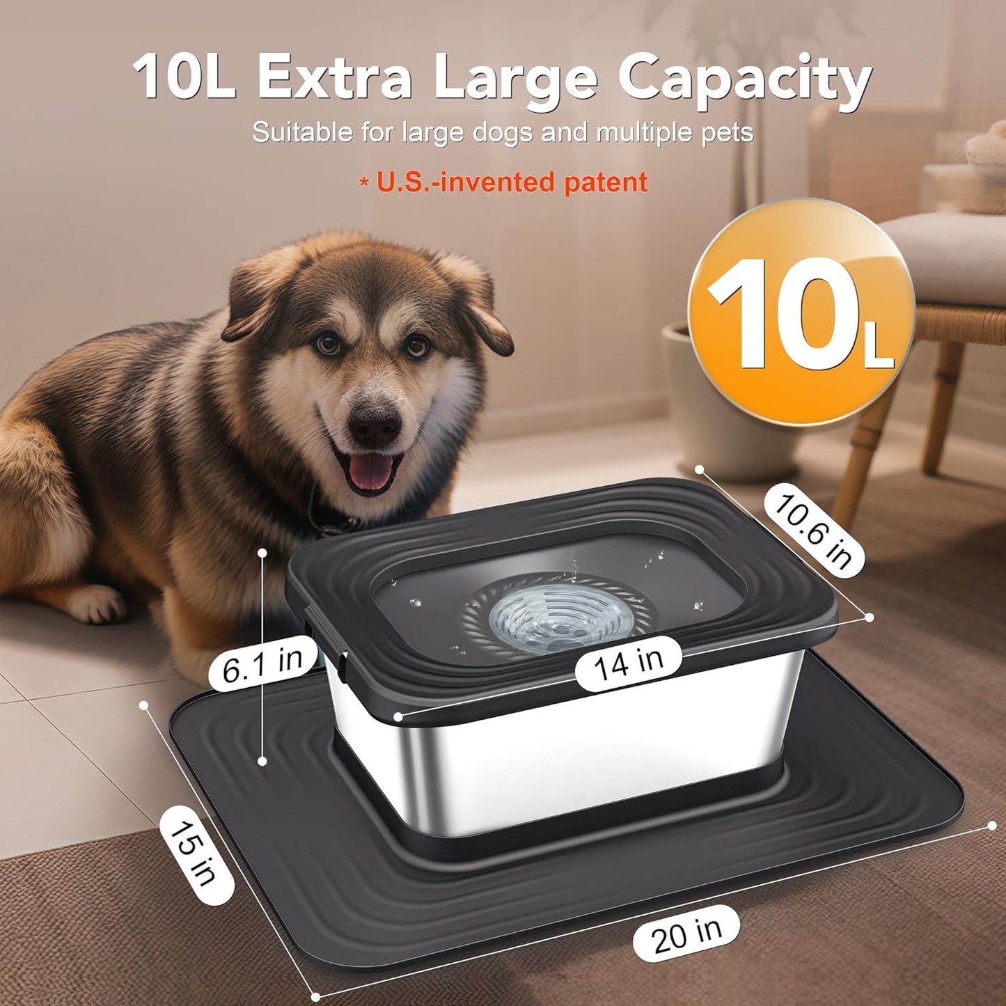 Decflow 10L Stainless Steel Dog Water Bowl, No Spill Anti-Splash Dog Bowls with XXL Silicone Mat, Spill-Proof Slow Feeder for Messy Drinkers, Heavy Duty Pet Bowls for Indoor/Outdoor Use Grey