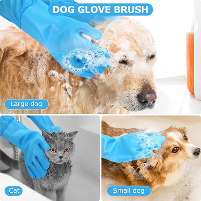 Dog Washing Gloves | Pet Grooming Gloves | Extra Long Arms (17.3") for Cats & Dogs | Massage & Hair Removal Pet Glove (Hazy Blue)