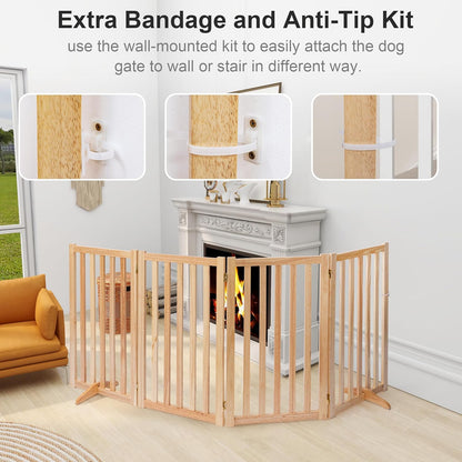 36" Height Extra Tall Freestanding Pet Gate, Solid Wood Folding Safety Fence Wooden Dog Gate with 2 PCs Support Feet Ideal for Stairs, Doorways, Halls, Kitchens, Heavy Duty Gates, 3 Panels, Oak