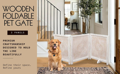 Freestanding Pet Gate for Dogs, Foldable Wooden Dog Gate for House, Indoor Dog Gate for Stair, Doorway, House Design Gates for Dogs Indoor, 72 Inch Wide, (18" x4 Panels 72 inch), Burnt Finish
