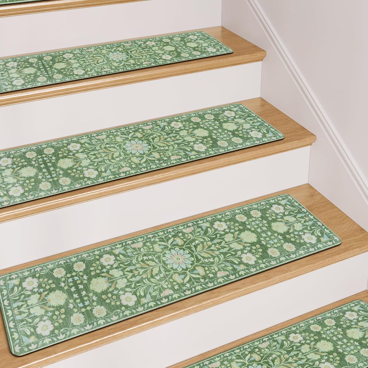 OJIA Floral Stair Treads Non-Slip Stair Runner for Wooden Steps Indoor 15PCS 30"x8" Carpet Stair Treads Stair Mats Staircase Step Treads for Kids, Elders and Dogs, Stair Covers, Black