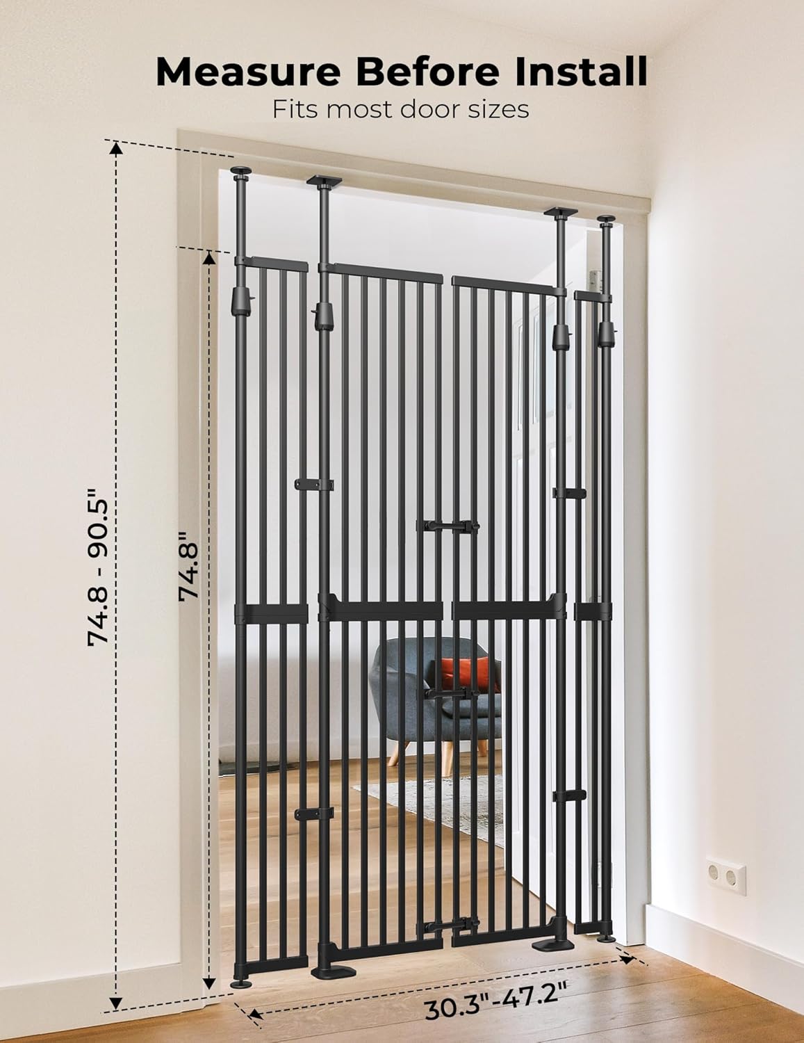 Extra Tall Cate Gate for Doorway: Pressure Mount 74.8"-90.5" Tall Cat Gate for Pets in Extra 30.3"-47.2" Width No Wall Drilling No Toddler for Indoor Stairs Hallway Room Safety Barrier