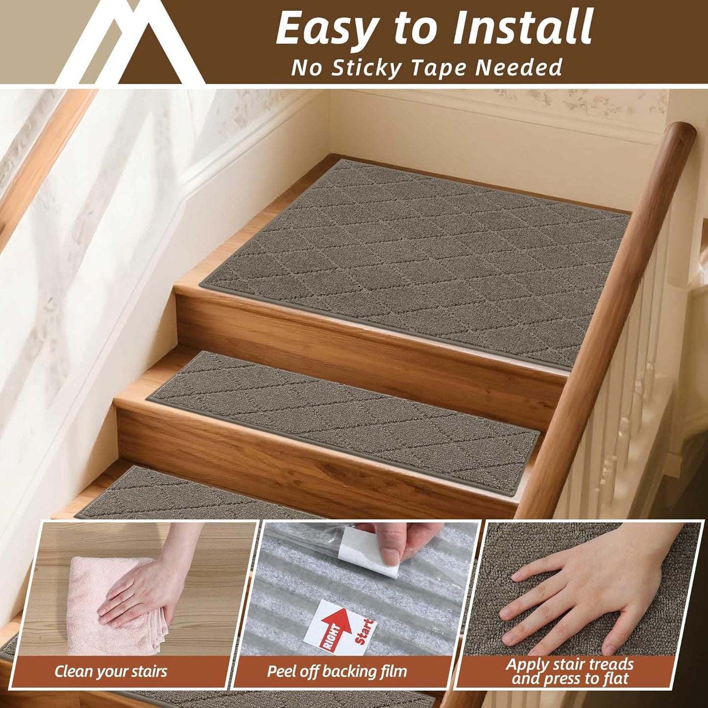 COSY HOMEER Edging Stair Treads Non-Slip Carpet Mat 28inX9in Indoor Stair Runners for Wooden Steps, Edging Stair Rugs for Kids and Dogs, 100% Polyester TPE Backing (7pc, Beige)