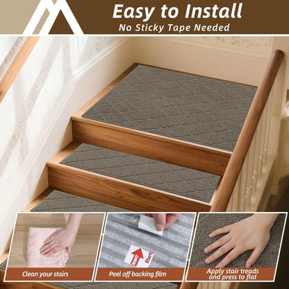 COSY HOMEER Edging Stair Treads Non-Slip Carpet Mat 28inX9in Indoor Stair Runners for Wooden Steps, Edging Stair Rugs for Kids and Dogs, 100% Polyester TPE Backing (7pc, Beige)