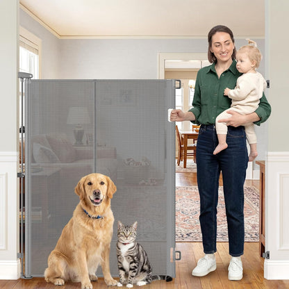 Reinforced 52" Extra Tall Dog Gate for Doorway, Jump-Resistant & Prevent Crawling Underneath Retractable Dog Gates Indoor, 0-55" W Retractable Baby Gate for Doorway, Safety Extra Tall Cat Gate, White