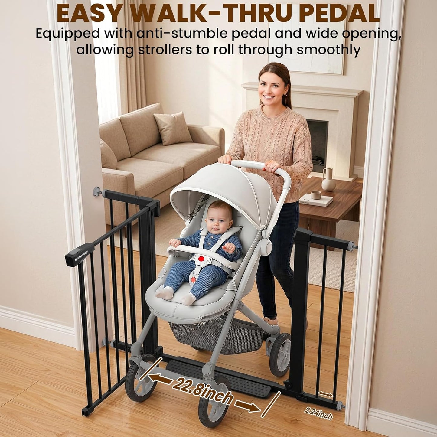 Mumeasy 29.7-46" Baby Gate for Stairs, Pressure Mounted Dog Gate for Doorways, Auto Close Walk Through Pet Gate Indoor, Extra Wide Metal Child Safety Gate, Mom's Choice Awards Winner, Black