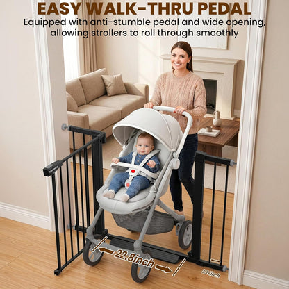 Mumeasy 29.7-46" Baby Gate for Stairs, Pressure Mounted Dog Gate for Doorways, Auto Close Walk Through Pet Gate Indoor, Extra Wide Metal Child Safety Gate, Mom's Choice Awards Winner, Black
