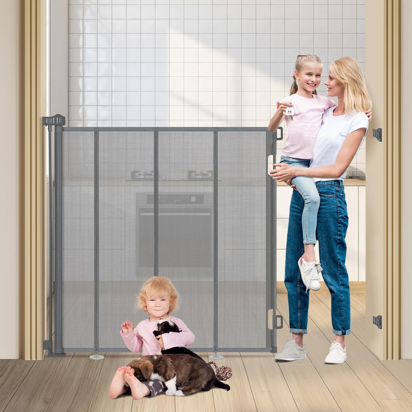 47" Extra Tall Retractable Baby Gates, Extends to 71" Wide, ExtraTall Retractable Safety Gate with Reinforced Strips, Retractable Tall Dog Gates for Doorways Mesh Baby Pet Gates Indoor, Grey