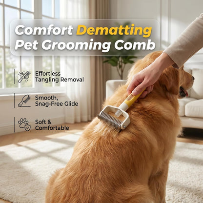 Double Sided Dematting Comb for Cats & Dogs, Undercoat Rake, Safe Deshedding Grooming Tool, Gentle Matt Remover Detangler for Long Thick Haired Pets, Ergonomic Pet Grooming Brush (Black)