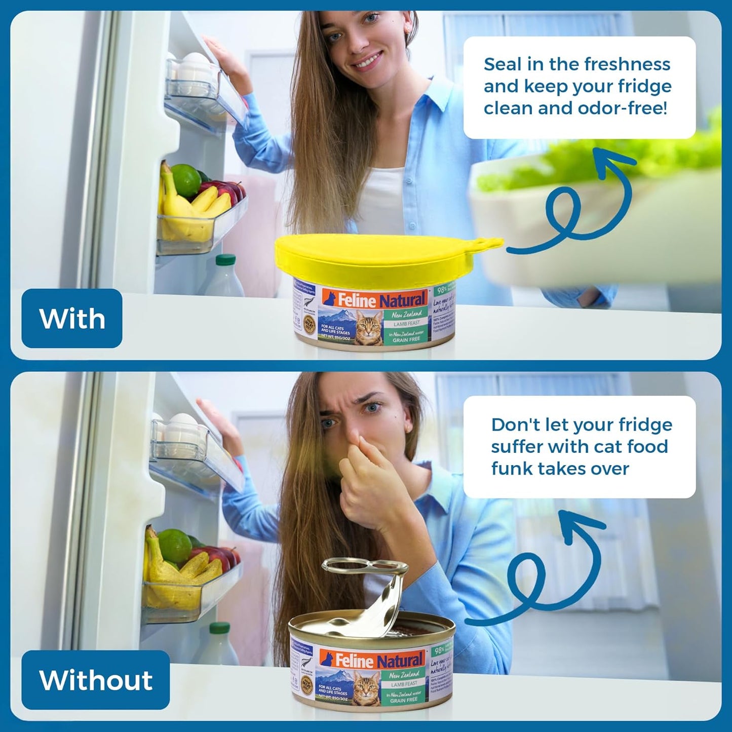 SunGrow Cat Food Can Lids, Durable and Flexible Silicone Wet Pet Food Can Covers, Universal Fit Storage Toppers, Dishwasher-friendly, Yellow, Blue, Green, 4” x 3.5”, 3 Pcs Per Pack