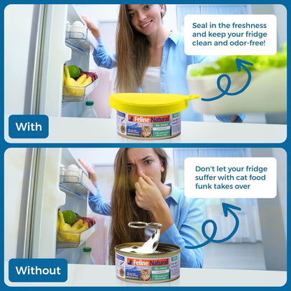 SunGrow Cat Food Can Lids, Durable and Flexible Silicone Wet Pet Food Can Covers, Universal Fit Storage Toppers, Dishwasher-friendly, Yellow, Blue, Green, 4” x 3.5”, 3 Pcs Per Pack