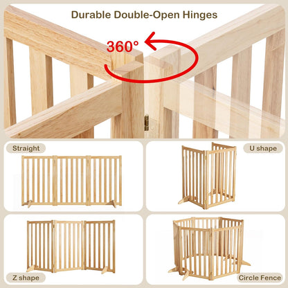36" Height Extra Tall Freestanding Pet Gate, Solid Wood Folding Safety Fence Wooden Dog Gate with 2 PCs Support Feet Ideal for Stairs, Doorways, Halls, Kitchens, Heavy Duty Gates, 3 Panels, Oak