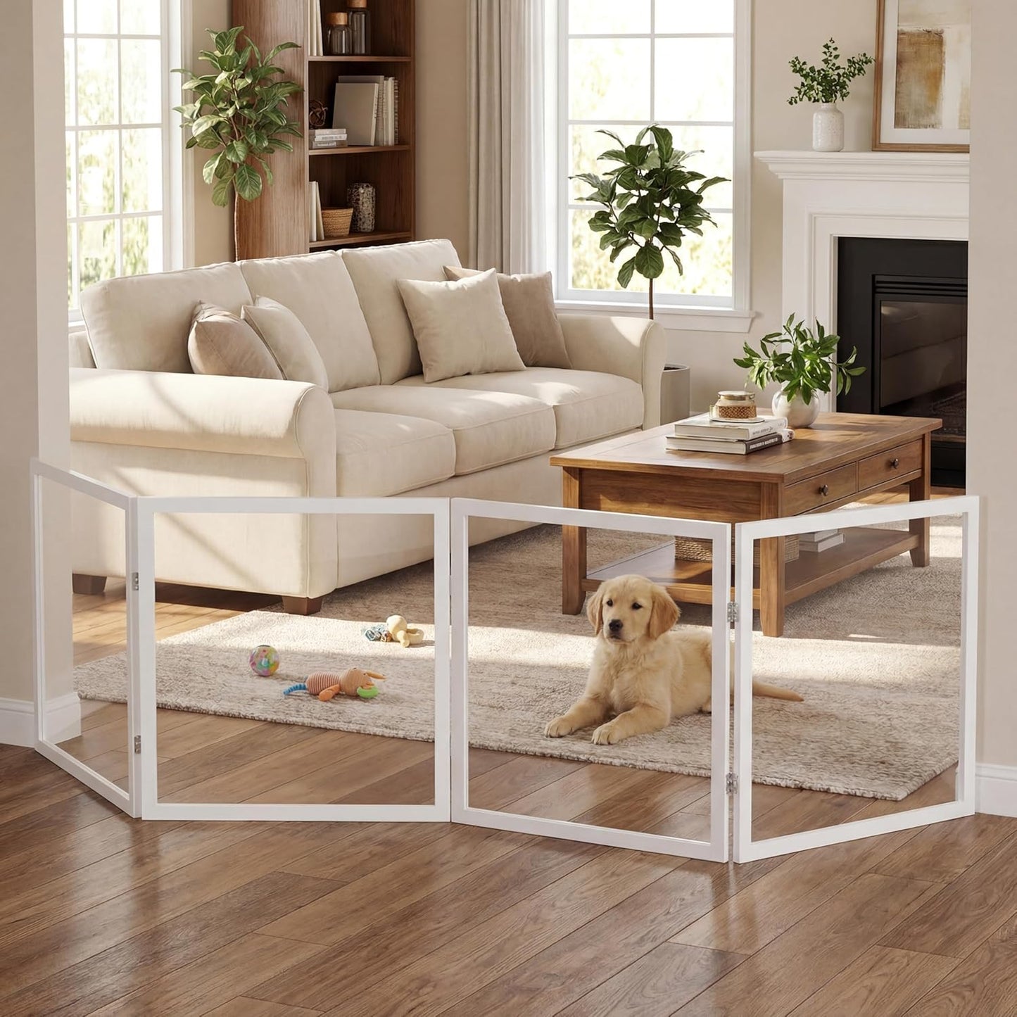Extra Wide Clear Dog Gate，6 Panel (107.957" W*31.5" Tall) Wooden Dog Gate, Clear Acrylic Pet Gate，Transparent Freestanding Pet Gate for Doorways Stairs