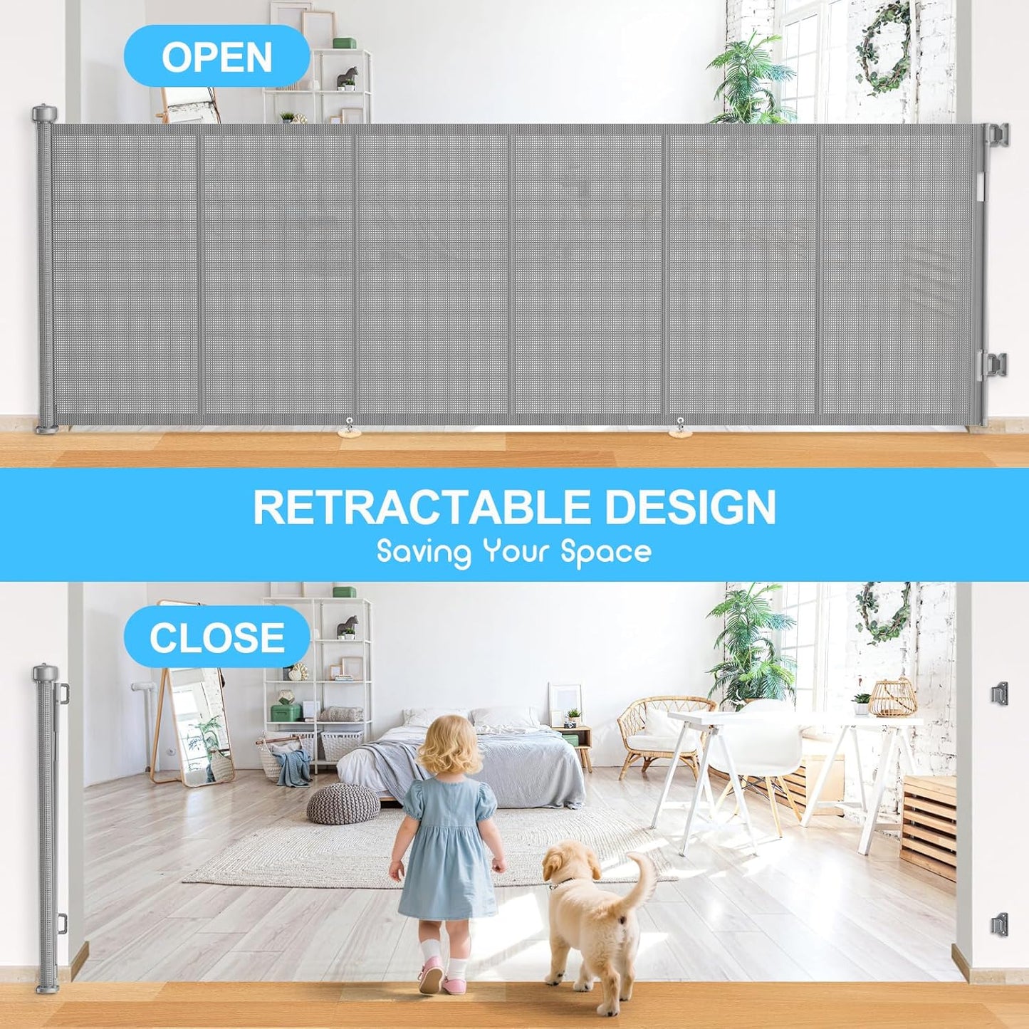 Upgrade 120 inch Retractable Baby Gates, EZIGO Extra Wide Baby Gate for Large Opening Extra Long Mesh Gate for Kids or Pet Dog Gate Child Safety Gate for Stairs Hallways Doorway Indoor Outdoor, Gray